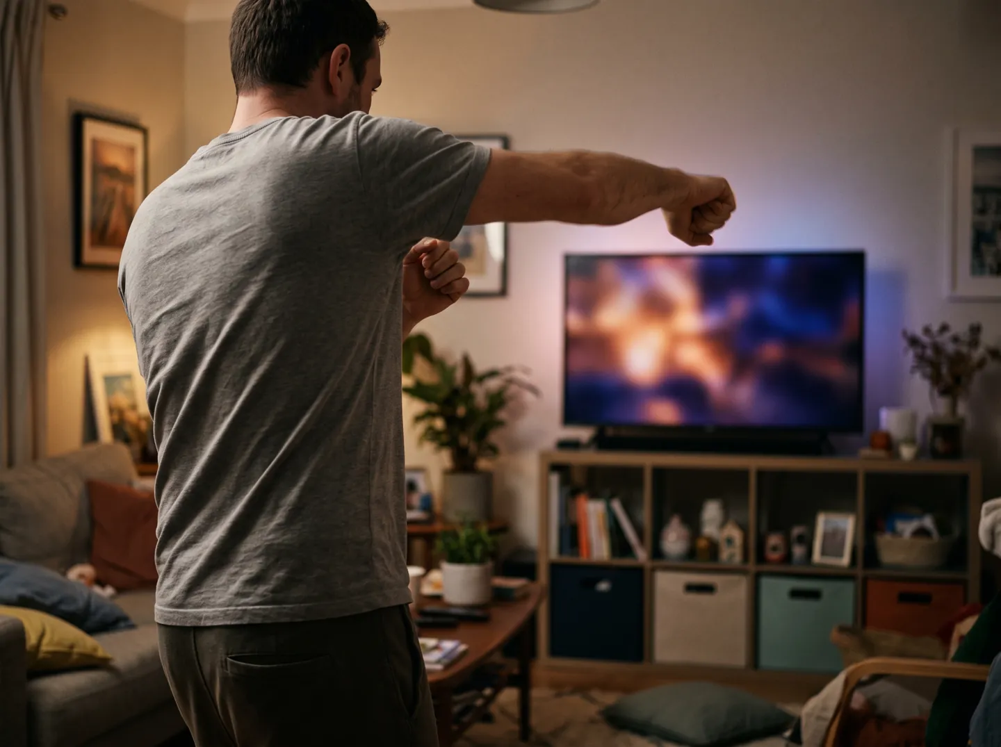 An adult seen from behind throwing a shadow-boxing punch in a living room, a television glowing out of focus ahead