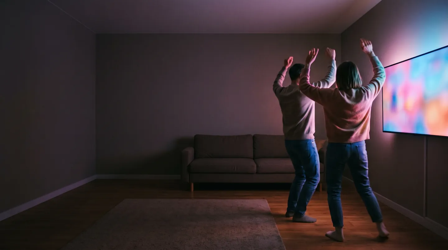 Two adults seen from behind dancing in a living room lit by the colourful glow of a large television